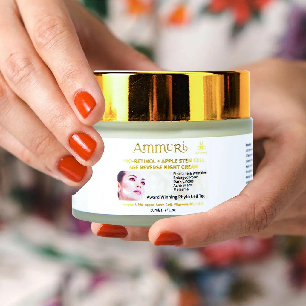 Ammuri Skincare retinol apple stem cell cream in hand, perfect for reducing fine lines and wrinkles