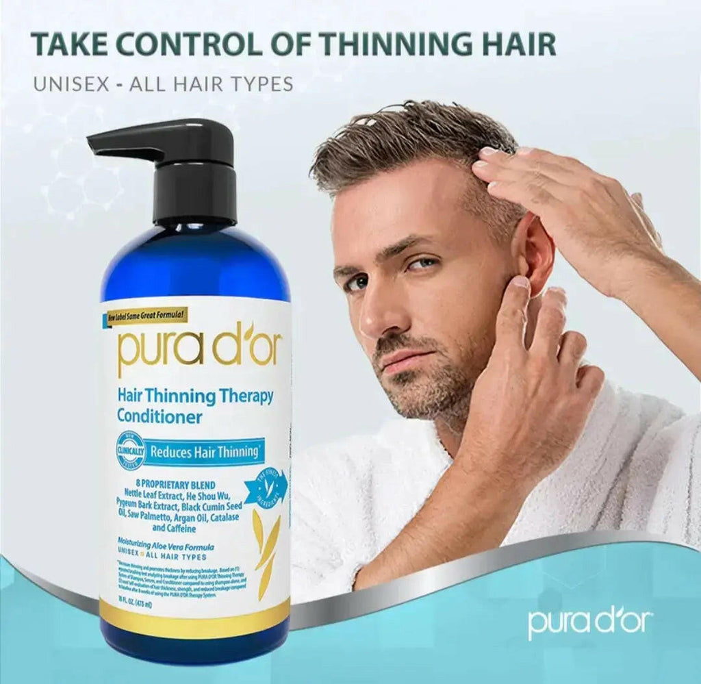 Pura d'or natural hair thinning conditioner in a blue bottle, designed to reduce hair thinning for all hair types