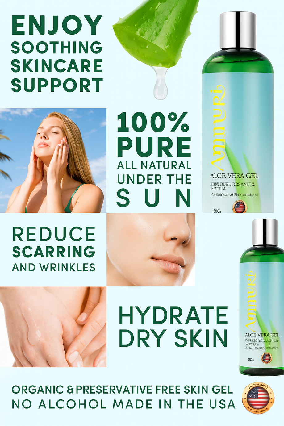 Ammuri Organic Aloe Vera Gel 300ml, 100% Pure & Natural, Soothing & Hydrating Gel for Face Body & Hair