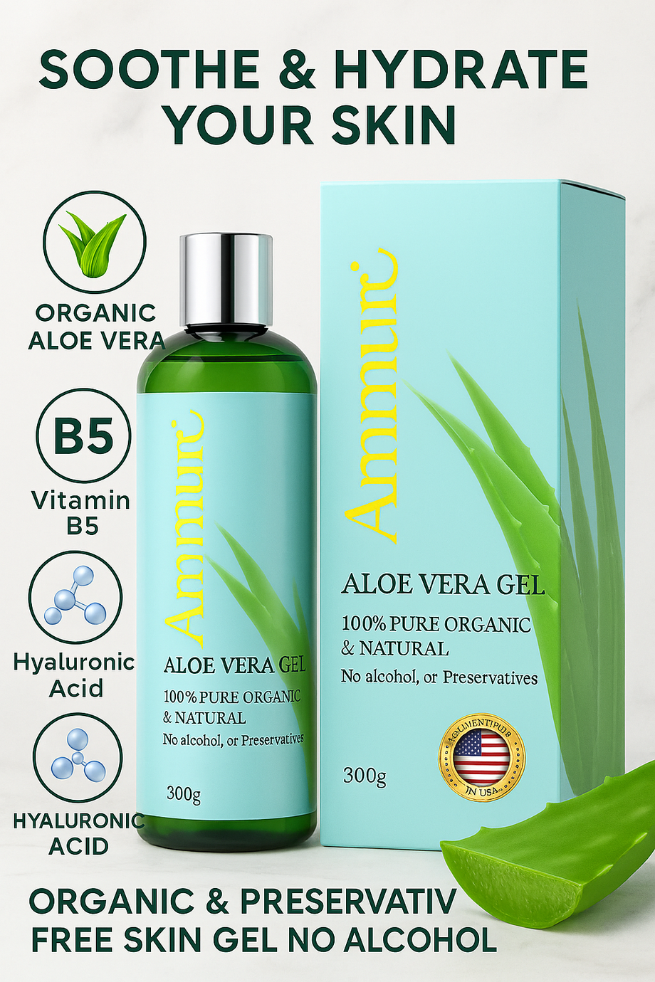 Ammuri Organic Aloe Vera Gel 300ml, 100% Pure & Natural, Soothing & Hydrating Gel for Face Body & Hair